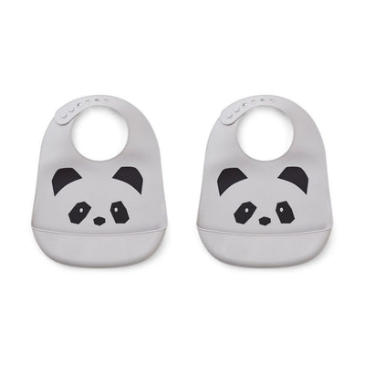 LIEWOOD - Set of 2 silicon bibs with catch-all pocket at the bottom - Grey panda
