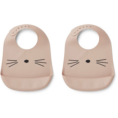 LIEWOOD - Set of 2 silicon bibs with catch-all pocket at the bottom - Pink cat