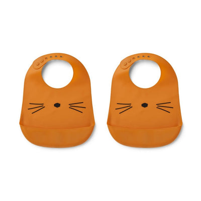 LIEWOOD - Set of 2 silicon bibs with catch-all pocket at the bottom - Mustard cat
