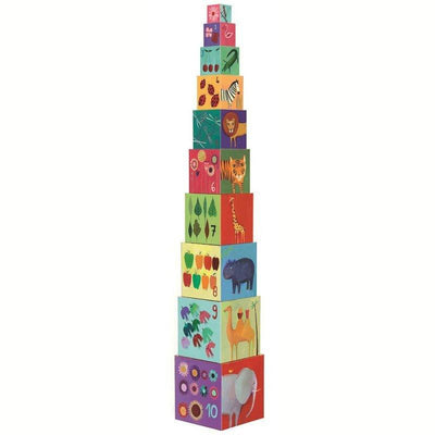 Make your child discover the animals from the farm and the jungle with these stacking cubes made by Djeco !