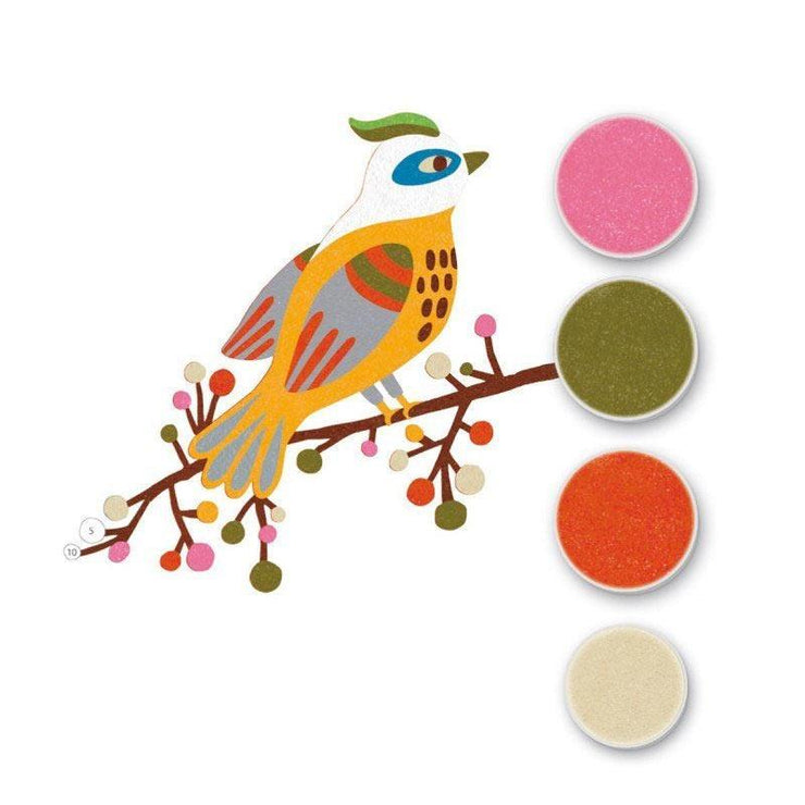 Fun sand art for children designed in France by Djeco - birds of paradise art