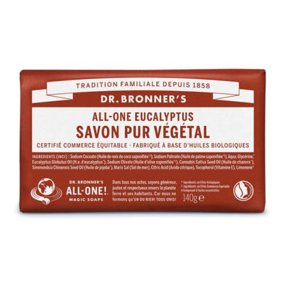 Dr. Bronner's - solid soap 18 in 1 - wonderful eucalyptus scent - organic and faire trade products - safe for the skin and the environment