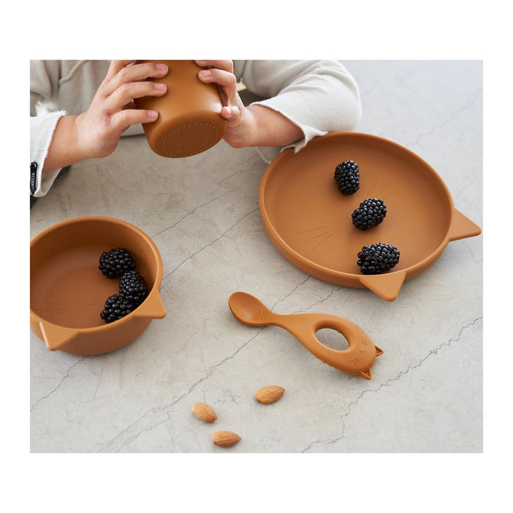 LIEWOOD - kids silicon tableware set - cat mustard - unbreakkable and cute 
