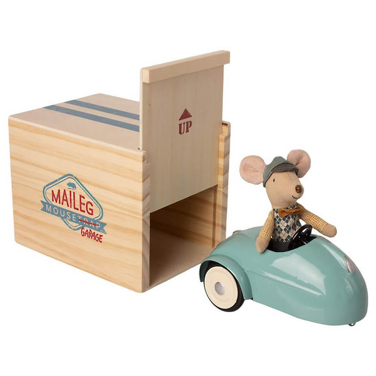 MAILEG - Big brother mouse - blue garage with wooden car - vintage and cute toy