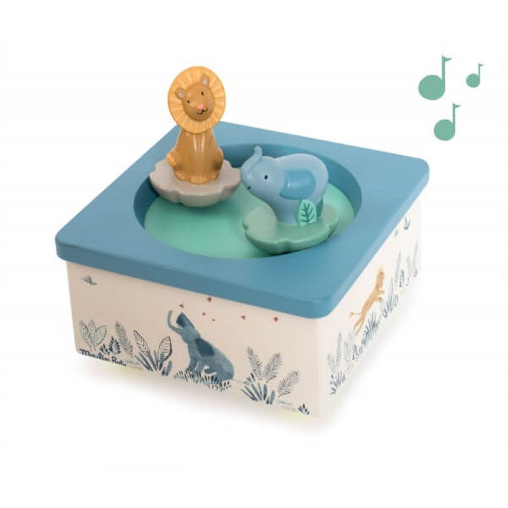 MOULIN ROTY - Wooden music box with lion and elephant characters