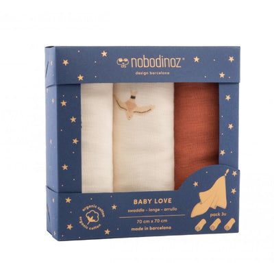 Nobodinoz - Set of 3 cotton swaddles baby love - toffee - made in France and Spain