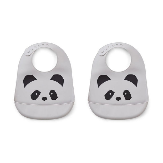 LIEWOOD - Set of 2 silicon bibs with catch-all pocket at the bottom - Grey panda