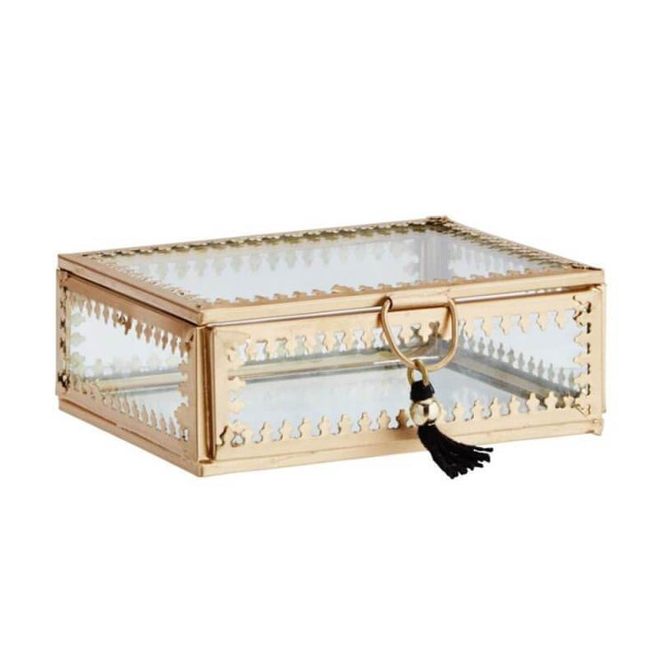 MADAM STOLTZ - Large jewellery box in golden metal and glass with bohemian style