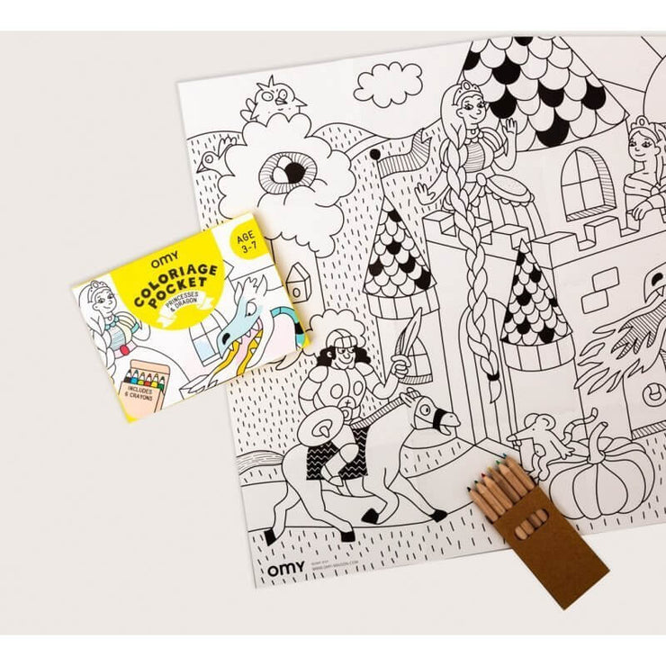 OMY DESIGN & PLAY - Pocket colouring sheet - Princesses & dragons scene